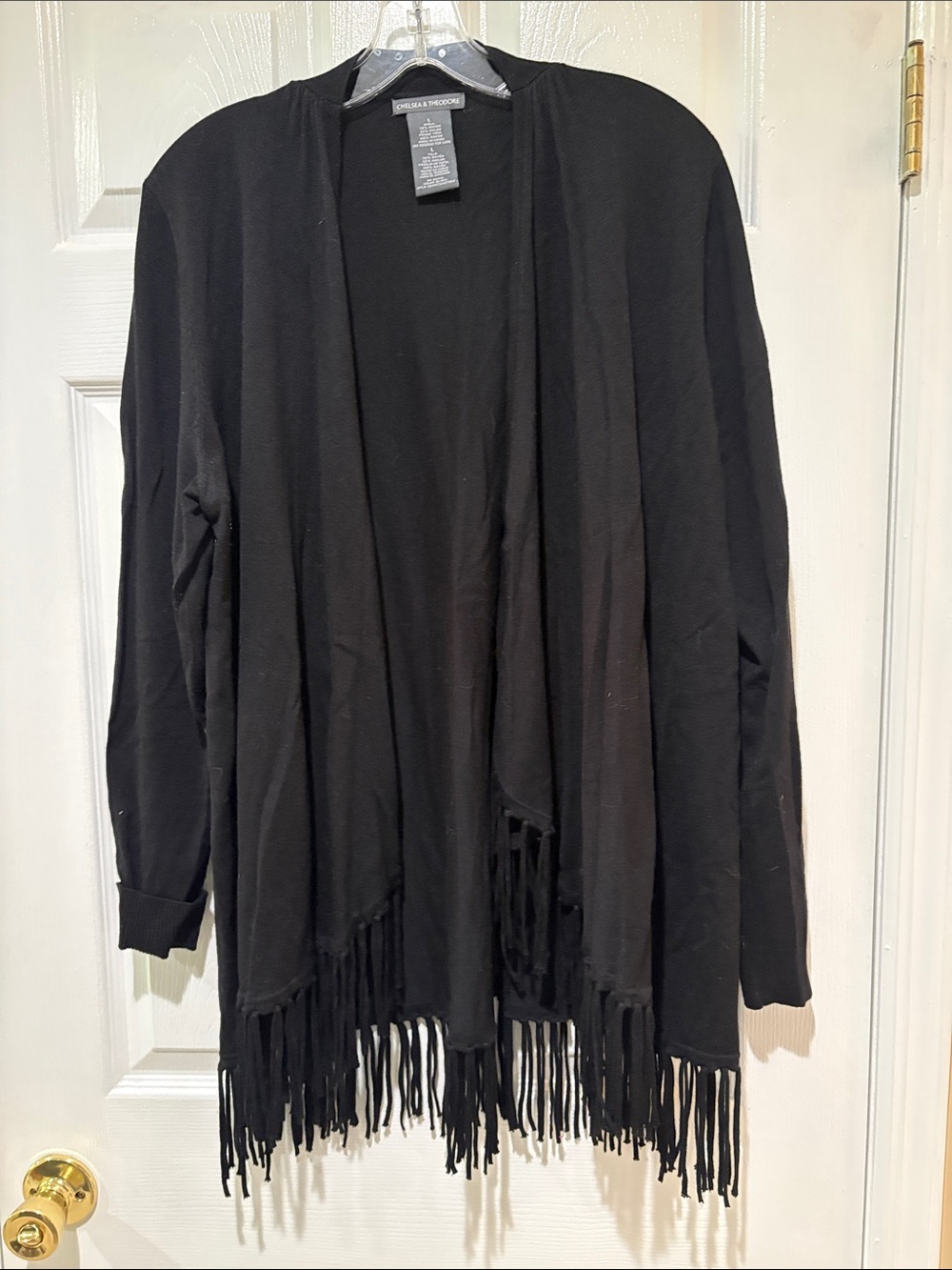 Chelsea & Theodore Black Fringe Open-Front Cardigan